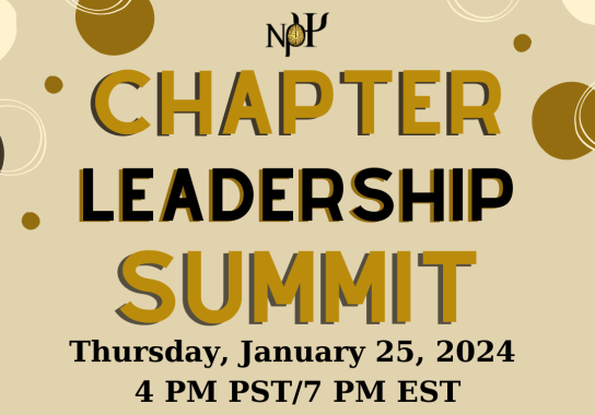 Yellow-beige background with the Nu Rho Psi insignia at the top center. There are goldenrod yellow, pastel yellow, and dark brown circles along the edges of the image. The text reads: Chapter Leadership Summit. Thursday, January 25, 2024 | 4 PM PST/7 PM EST