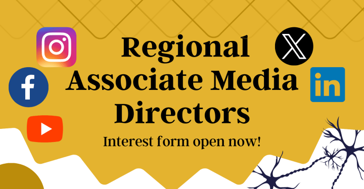 Graphic for Regional Associate Media Directors. Text reads: Regional Associate Media Directors. Interest form open now! Golden background. Text is surrounded by logos for (left) Instagram, Facebook, YouTube and (right) Twitter/X, LinkedIn