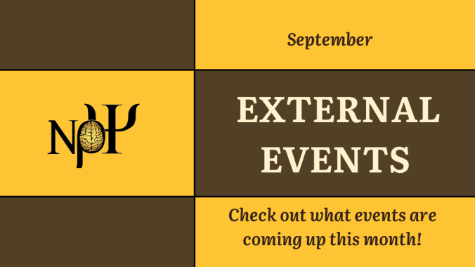 Brown & gold checkerboard pattern. Left center box has the Nu Rho Psi insignia. The right top box reads "September" (italicized), the middle box "external events", and the bottom box "check out what events are happening this month!