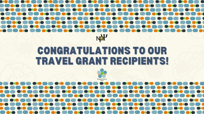 Pale cream colored background with a pattern at the top and bottom made up of small, different sized ovals in varying shades of blue, orange, black, and green to match the SfN 2024 logo. In the center reads "Congratulations to our travel grant recipients!" with the Nu Rho Psi insignia above and the SfN 2024 Conference logo below
