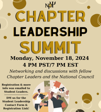 Chapter Leadership Summit flyer. Yellow-beige background with the Nu Rho Psi insignia at the top center. There are goldenrod yellow, pastel yellow, and dark brown circles along the edges of the image. The text reads: Chapter Leadership Summit. Monday, November 18, 2024 | 4 PM PST/7 PM EST. Networking and discussions with fellow Chapter Leaders and the National Council. The bottom left reads “Registration & more info was emailed to Student Leaders. DM us for the Student Leadership Contact Form & Registration Link!”, and in the center bottom is a drawing of folks putting together puzzle pieces.