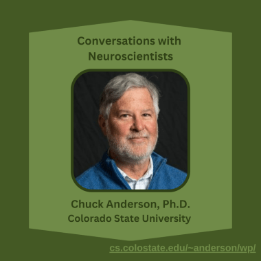 Dark green background with lighter green hexagonal box. At the top reads "Conversations with Neuroscientists", with a photo of Dr. Chuck Anderson in the center (grey hair, grey beard, wearing a blue collared shirt and blue sweatshirt). At the bottom reads "Chuck Anderson, Ph.D., Colorado State University" In the bottom right corner is his website: CS.ColoState.Edu/~Anderson/WP/