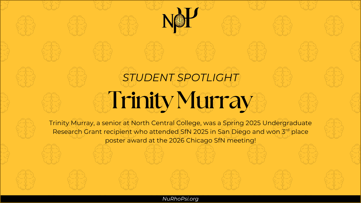 Yellow background, Nu Rho Psi insignia in top center. Center has a black text box with text that reads "Student Spotlight: Trinity Murray" Underneath text box has subheading that reads "Trinity Murray, a senior at North Central College, was a Spring 2025 Undergraduate Research Grant recipient who attended SfN 2025 in San Diego and won 3rd place poster award at the 2026 Chicago SfN meeting!"