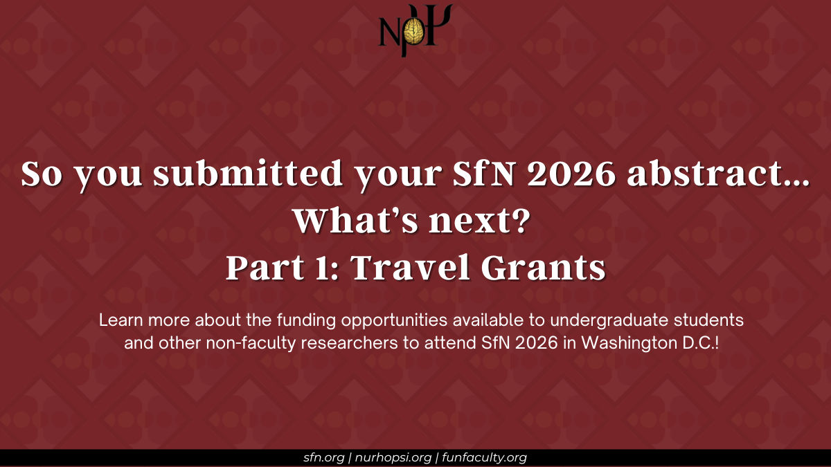 red background with faded SfN 2026 logo pattern. Heading: "So you submitted your SfN 2026 abstract. What's next? Part 1: Travel Grants" Subheading: Learn more about the funding opportunities available to undergraduate students and other non-faculty researchers to attend SfN 2026 in Washington D.C.! At the bottom is a black text bar, with the websites "SfN.org" "FUNFaculty.org" and "NuRhoPsi.org"